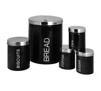 Harbour Housewares Metal Kitchen Canister Set - Black - 5pc Round Retro Food Storage Preservation Canister Caddy Container Bread Bin with Airtight Fit Lid for Kitchen Organisation & Home Décor