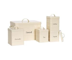 Harbour Housewares Metal Kitchen Canister Set - Cream - 5pc Vintage Retro Food Storage Preservation Canister Caddy Container Bread Bin with Airtight Fit Lid for Kitchen Organisation & Home Décor