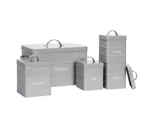 Harbour Housewares Metal Kitchen Canister Set - Grey - 5pc Vintage Retro Food Storage Preservation Canister Caddy Container Bread Bin with Airtight Fit Lid for Kitchen Organisation & Home Décor