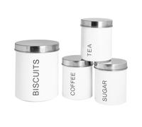 Harbour Housewares Metal Kitchen Canister Set - White - 4pc Round Retro Food Storage Preservation Canister Caddy Container Biscuit Tin with Airtight Fit Lid for Kitchen Organisation & Home Décor