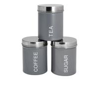 Harbour Housewares Metal Tea Coffee Sugar Canister Set - Grey - 3pc Round Retro Food Storage Preservation Canister Caddy Container Tin with Airtight Fit Lid for Kitchen Organisation & Home Décor