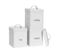Harbour Housewares Metal Tea Coffee Sugar Canister Set - White - 3pc Vintage Retro Food Storage Preservation Canister Caddy Container Tin with Airtight Fit Lid for Kitchen Organisation & Home Décor