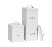 Harbour Housewares Metal Tea Coffee Sugar Canister Set - White - 3pc Vintage Retro Food Storage Preservation Canister Caddy Container Tin with Airtight Fit Lid for Kitchen Organisation & Home Décor