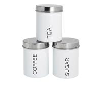 Harbour Housewares Metal Tea Coffee Sugar Canisters - White - 3pc Set - Retro Kitchen Storage Loose Tea Coffee Beans Granulated Sugar Airtight Container Food Preserve Caddy with Lid