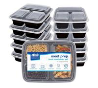Harbour Housewares Reusable Meal Prep Containers with Lids - Pack of 10, 975ml 3-Compartment BPA-Free Food Storage Boxes, Stackable Microwave Freezer Dishwasher Safe Lunch Boxes for Meal Preparation