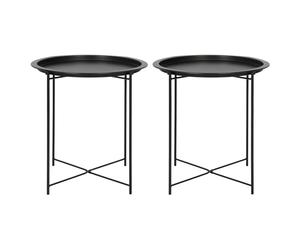 Harbour Housewares Round Tray Tables with Removable Trays - Pack of 2 - Matte Black Steel Bed Side Table Raised Lip Serving Board Compact Collapsible Folding Table for Bedroom, Home and Office
