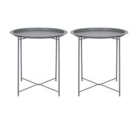 Harbour Housewares Round Tray Tables with Removable Trays - Pack of 2 - Matte Grey Steel Bed Side Table Raised Lip Serving Board Compact Collapsible Folding Table for Bedroom, Home and Office