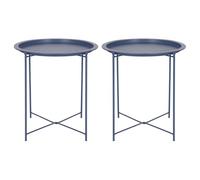 Harbour Housewares Round Tray Tables with Removable Trays - Pack of 2 - Matte Navy Steel Bed Side Table Raised Lip Serving Board Compact Collapsible Folding Table for Bedroom, Home and Office