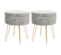 Harbour Housewares Round Velvet Storage Footstools - H45 x D36cm - Gold Legs - Pack of 2 in Grey Harbour Housewares Grey