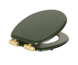 Harbour Housewares Soft Close Wooden Toilet Seat - Green/Gold - Pack of 1 | Oval-Shaped Antibacterial Loo Lid with Easy Install Universal Hinges, Fixings & Fittings for Bathroom Toilet Replacement