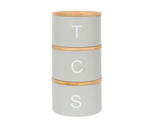 Harbour Housewares Stackable Tea Coffee Sugar Canisters with Bamboo Lids - Grey - Stacking 3pc Tea Coffee and Sugar Canisters Set Airtight Kitchen Organiser Food Storage Jars