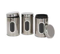 Harbour Housewares Tea Coffee Sugar Canisters Set - 3 Piece - Chrome Kitchen Canisters with Airtight Lids & Transparent Viewing Window - Stainless Steel Storage Tins for Kitchen Bench or Pantry