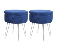 Harbour Housewares Velvet Round Foot Stools with Storage - Blue with Silver Legs - Pack of 2 - Modern Dressing Table Pouffe Footstool Vanity Seats Vanity Chairs Footstools for Living Room, Bedroom