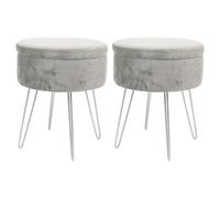 Harbour Housewares Velvet Round Foot Stools with Storage - Grey with Silver Legs - Pack of 2 - Modern Dressing Table Pouffe Footstool Vanity Seats Vanity Chairs Footstools for Living Room, Bedroom