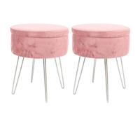Harbour Housewares Velvet Round Foot Stools with Storage - Pink with Silver Legs - Pack of 2 - Modern Dressing Table Pouffe Footstool Vanity Seats Vanity Chairs Footstools for Living Room, Bedroom