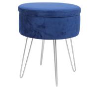 Harbour Housewares Velvet Storage Footstool - Round Modern Dressing Table Footstool Vanity Seat Chair - 45 X 36Cm - Blue/silver