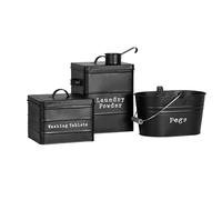 Harbour Housewares Vintage Metal Utility Room Storage Canisters - Set of 3 - Laundry Powder, Washing Tablets & Pegs - Black Powder-Coated Steel with Airtight Lids & Wooden Grip Handle