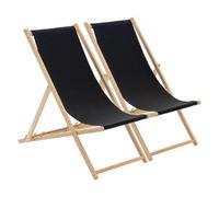 Harbour Housewares Wooden Deck Chairs - 2X Traditional Outdoor Folding Reclining Canvas Sun Lounger Chair Seat - Black