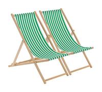 Harbour Housewares Wooden Deck Chairs - 2X Traditional Outdoor Folding Reclining Canvas Sun Lounger Chair Seat - Green Stripe