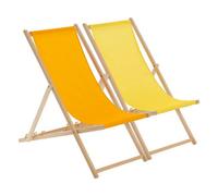 Harbour Housewares Wooden Deck Chairs - 2X Traditional Outdoor Folding Reclining Canvas Sun Lounger Chair Seat - Orange/yellow