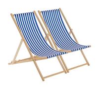 Harbour Housewares Wooden Deck Chairs - 2X Traditional Outdoor Folding Reclining Canvas Sun Lounger Chair Seat - Navy Stripe