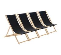 Harbour Housewares Wooden Deck Chairs - 4X Traditional Outdoor Folding Reclining Canvas Sun Lounger Chair Seat - Black