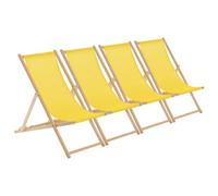 Harbour Housewares Wooden Deck Chairs - 4X Traditional Outdoor Folding Reclining Canvas Sun Lounger Chair Seat - Yellow