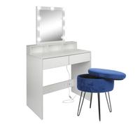 Harbour Housewares Wooden Dressing Table Set With Led Lights & Blue Stool - White