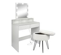 Harbour Housewares Wooden Dressing Table Set With Led Lights & Cream Stool - White
