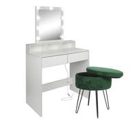 Harbour Housewares Wooden Dressing Table Set With Led Lights & Green Stool - White