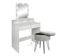 Harbour Housewares Wooden Dressing Table Set With Led Lights & Grey Stool - White