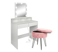 Harbour Housewares Wooden Dressing Table Set With Led Lights & Pink Stool - White
