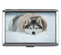Hard Box Full Pack Cigarette Case,Snowfall Siberian Husky Dog Pocket Holder for 14 Cigarettes