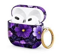 Hard Case Compatible with AirPod 4 2024, Shockproof Protective Cover for Airpod 4th Generation with Gold Ring Keychain, Cute Aesthetic Design for Women(Purple Flowers Yellow Leaf)