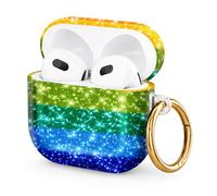 Hard Case Compatible with AirPod 4 2024, Shockproof Protective Cover for Airpod 4th Generation with Gold Ring Keychain, Cute Aesthetic Design for Women(Rainbow Stripes)