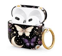 Hard Case Compatible with AirPod 4 2024, Shockproof Protective Cover for Airpod 4th Generation with Gold Ring Keychain, Cute Aesthetic Design for Women(Butterfly Moon Flowers Stars)