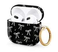 Hard Case Compatible with AirPod 4 2024, Shockproof Protective Cover for Airpod 4th Generation with Gold Ring Keychain, Cute Aesthetic Design for Women(Black White Bows)