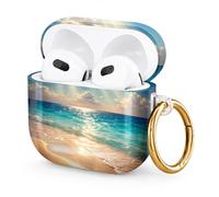 Hard Case Compatible with AirPod 4 2024, Shockproof Protective Cover for Airpod 4th Generation with Gold Ring Keychain, Cute Aesthetic Design for Women(Sunlight Beach Waves Sand)