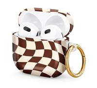 Hard Case Compatible with AirPod 4 2024, Shockproof Protective Cover for Airpod 4th Generation with Gold Ring Keychain, Cute Aesthetic Design for Women(Wavy Brown Checkered)