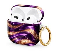 Hard Case Compatible with AirPod 4 2024, Shockproof Protective Cover for Airpod 4th Generation with Gold Ring Keychain, Cute Aesthetic Design for Women(Purple Waves Gold Marble)