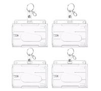 Hard Clear Lanyard Card Holder 4 Pack Horizontal ID Card Holders with Pre-Attached Lobster Clips Rigid PC Plastic Card Holder for Lanyard ID Badge Holder Pass Holder for Office School Hospital Travel