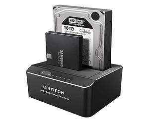 Hard Drive Docking Station, RSHTECH Aluminum Dual Bay SATA Hard Drive Dock for 2.5/3.5 Inch SATA I/II/III HDD SSD Support 2x 16TB Hard Drives,Offline Clone and UASP,Tool-free (RSH-DS01)
