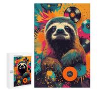 Hard Jigsaw Puzzle for Adults 1000 PCS Colorful Sloth with Vinyl Records Happy Sloth Vibes Puzzle for Adults Relax Games Difficult Challenge Challenging To Complete 1000 PCS