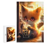 Hard Jigsaw Puzzle for Adults 1000 PCS Cute Fox Drinking Boba Tea Puzzle for Adults Relax Games Difficult Challenge Challenging To Complete 1000 PCS