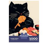 Hard Jigsaw Puzzle for Adults 1000 Pieces Black Cat with Sushi - Chubby Cat Puzzle for Adults Hands-on Game Difficult Hard Birthday Present, Gifts, 52x38cm/1000pcs