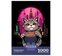 Hard Jigsaw Puzzle for Adults 1000 Pieces Cat Eating Ramen in Neon City Puzzles for Adults Toy Wall Decor Stress Reliever Birthday Present, Gifts, 70x50cm/1000pcs