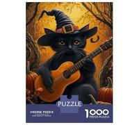 Hard Jigsaw Puzzle for Adults 1000 Pieces Cat in Witch Hat with Guitar Jigsaw Brain Teaser Game Analysis And Logic Great Gift for Gaming 52x38cm/1000pcs