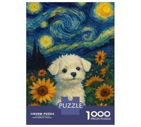 Hard Jigsaw Puzzle for Adults 1000 Pieces Dog in Sunflower Field, Starry Night Jigsaw for Adults Relax Games Difficult Challenge Birthday Present, Gifts, 70x50cm/1000pcs