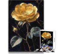 Hard Jigsaw Puzzle for Adults 1000 Pieces Golden Rose on Black Marble Japanese Landscape Soothing Quiet Time Enjoyment Strict Precision Standard Play Toy Size 38x52cm