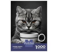 Hard Jigsaw Puzzle for Adults 1000 Pieces Grey Cat with A Coffee Cup Adult Jigsaw Puzzle Relax Games Enhance Memory Educational Challenge 38x26cm/1000pcs